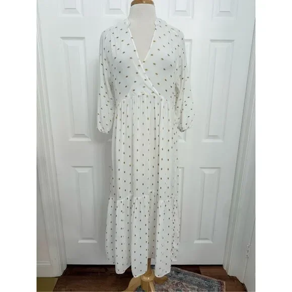 Anthropologie Augustine White Polka Dot 3/4 Sleeve Midi Tiered Dress Size Small - Picture 1 of 7